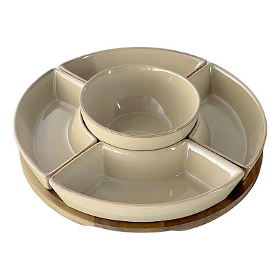 Conjunto 5 Petisqueiras Cerâmica com Base de Madeira - BTC