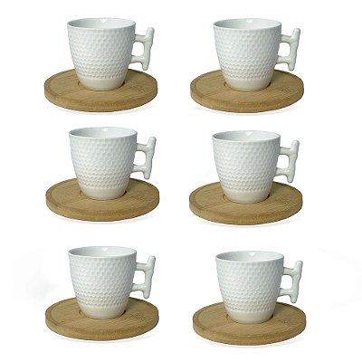 Jogo Xícaras de Café com Pires de Madeira 12 Peças - BTC