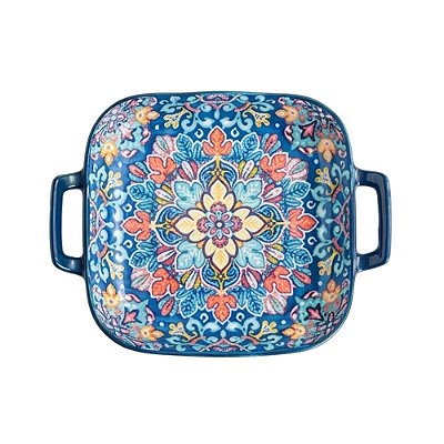 Travessa Quadrada com Alça em Cerâmica Flor Baroco Azul 24cm - Decor Glass