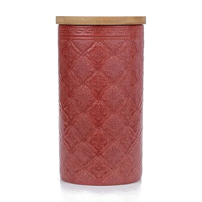 Pote de Cerâmica Tampa de Bambu Argila Vermelha 20cm - BTC