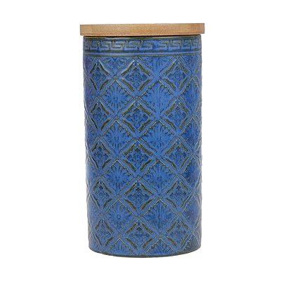 Pote de Cerâmica com Tampa de Bambu Clássico Azul 20cm - BTC
