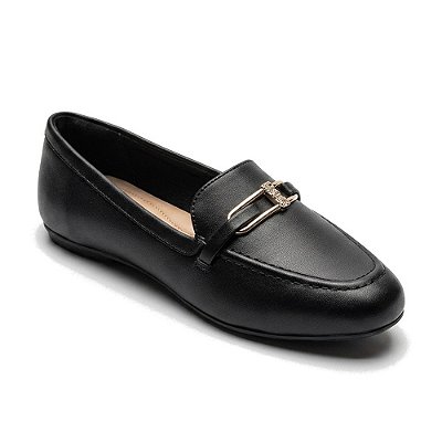 Sapatilha Bico Arredondado Loafer Preto Fivela Dourada - Sua Cia