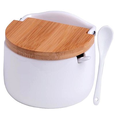 Saleiro de Mesa com Colher em Cerâmica com Tampa de Bambu Bianco - Lyor