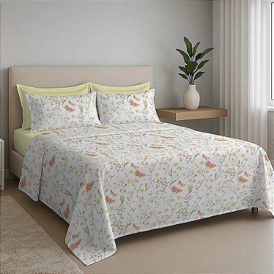 Jogo de Cama Premium Casal 150 Fios - Floral Laranja - Estamparia