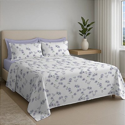 Jogo de Cama Premium Linea  180 Fios - King - Floral Lilás - Estamparia