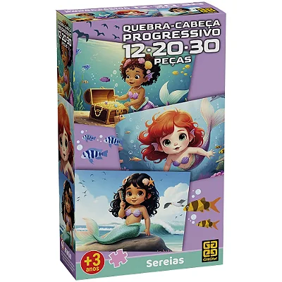 Quebra-Cabeça Progressivo Sereias 12, 20 e 30 Peças - Grow