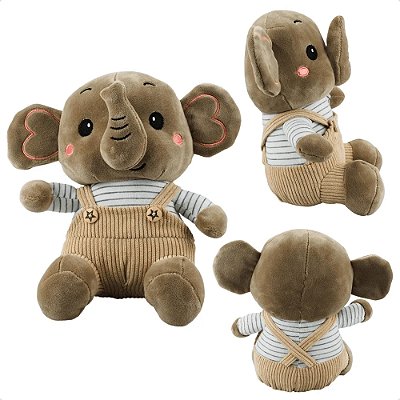Elefante de Pelúcia com Macacão Marrom 21cm - Fofy Toys