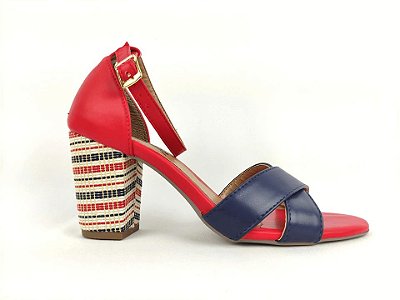Sandália Vermelha com Azul Faixa Cruzada com Salto Grosso Trabalhado 7 cm