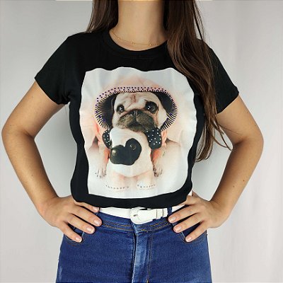 Camiseta Feminina T-Shirt Luxo Preta com Acessórios Estampa Pug Filhote