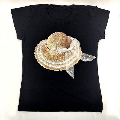 Camiseta Feminina T-Shirt Luxo Preta com Acessórios Estampa Chapéu Praia com Laço