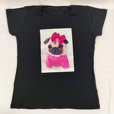 Camiseta Feminina T-Shirt Luxo Preta com Acessórios Estampa Pet Pug Lacinho Rosa