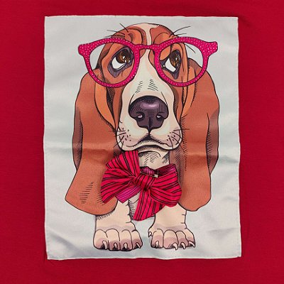 Camiseta Feminina T-Shirt Luxo Vermelha com Acessórios Estampa Pet Cachorrinho com Óculos