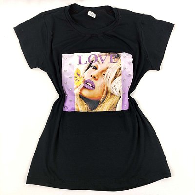 Camiseta Feminina T-Shirt Luxo Preta com Acessórios Estampa Mulher Lilás