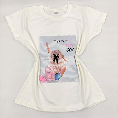 Camiseta Feminina T-Shirt Off White com Acessórios Estampa Lets Go