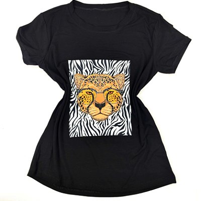 Camiseta Feminina T-Shirt Luxo Preta com Acessórios Estampa Onça em Zebra
