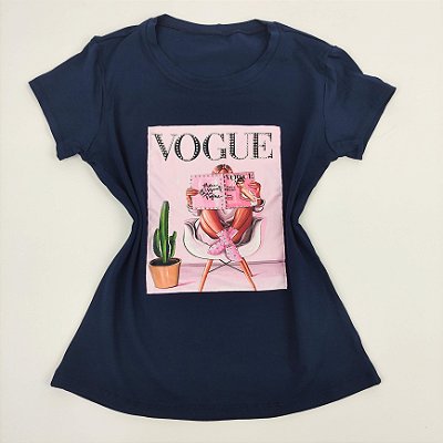 Camiseta Feminina T-Shirt Luxo Azul Marinho com Acessórios Estampa Revista Vogue