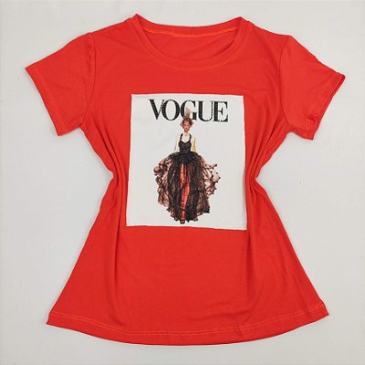 Camiseta Feminina T-Shirt Luxo Laranja com Acessórios Estampa Vogue Vestido