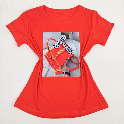 Camiseta Feminina T-Shirt Luxo Laranja com Acessórios Estampa Bolsa com Laço