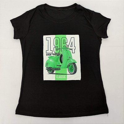 Camiseta Feminina T-Shirt Luxo Preta com Acessórios Estampa Moto 1964