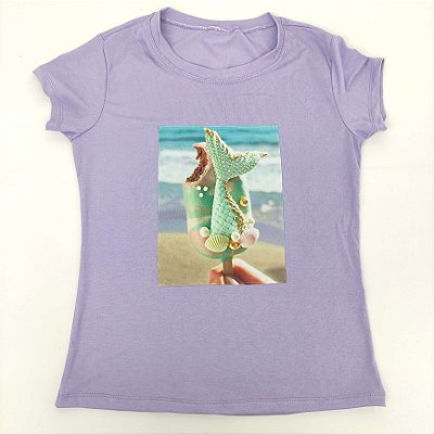 Camiseta Feminina T-Shirt Luxo Lilás com Acessórios Estampa Picolé Sereia