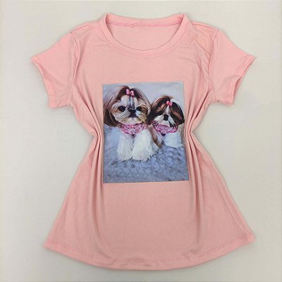 Camiseta Feminina T-Shirt Luxo Rosa Claro Bebê com Acessórios Estampa Cachorro Shih Tzu