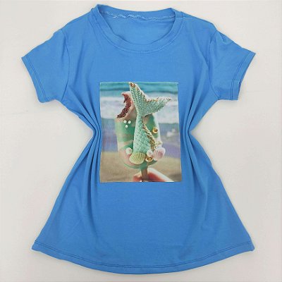 Camiseta Feminina T-Shirt Luxo Azul Claro com Acessórios Estampa Picolé Sereia