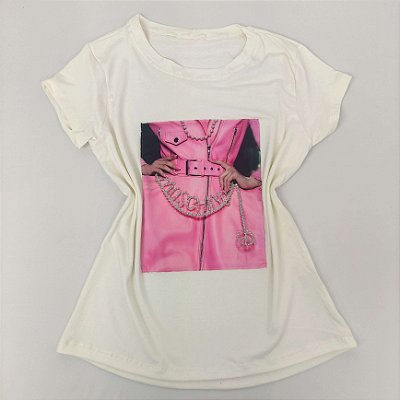Camiseta Feminina T-Shirt Luxo Off White com Acessórios Estampa Vestido Rosa