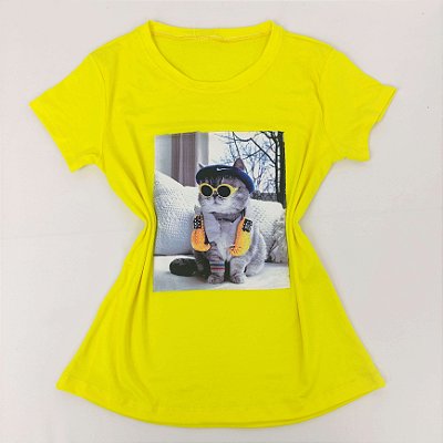 Camiseta Feminina T-Shirt Luxo Amarela com Acessórios Estampa Gato Boxe
