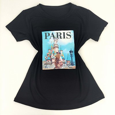 Camiseta Feminina T-Shirt Luxo Preta com Acessórios Estampa Paris Parque