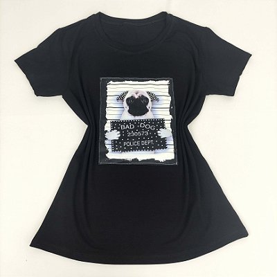 Camiseta Feminina T-Shirt Luxo Preta com Acessórios Estampa Cachorro Bad Dog