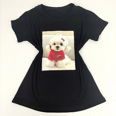 Camiseta Feminina T-Shirt Luxo Preta com Acessórios Estampa Poodle Roupinha