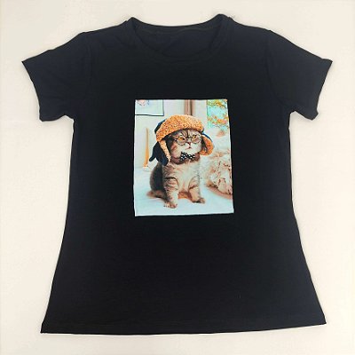 Camiseta Feminina T-Shirt Luxo Preta com Acessórios Estampa Gatinho Chapéu