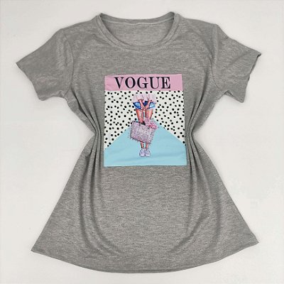 Camiseta Feminina T-Shirt Luxo Cinza Mescla com Acessórios Estampa Bolsa Vogue