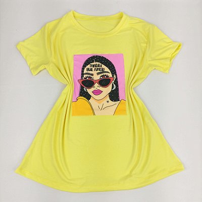 Camiseta Feminina T-Shirt Luxo Amarela Bebê com Acessórios Estampa Tranquila Igual Furacão
