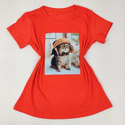 Camiseta Feminina T-Shirt Luxo Laranja com Acessórios Estampa Gatinho Chapéu