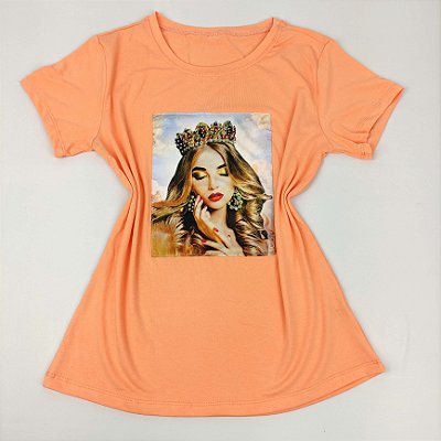 Camiseta Feminina T-Shirt Luxo Laranja Claro Coral com Acessórios Estampa Princesa