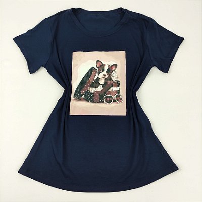 Camiseta Feminina T-Shirt Luxo Azul Marinho com Acessórios Estampa Cachorrinho na Caixa