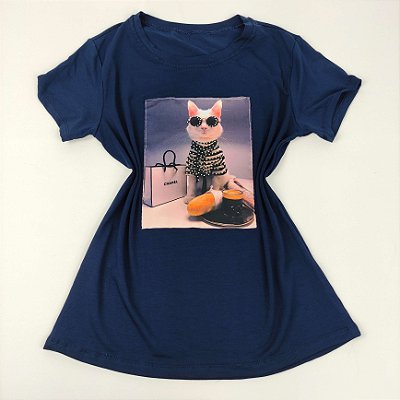 Camiseta Feminina T-Shirt Luxo Azul Marinho com Acessórios Estampa Gatinho Chique