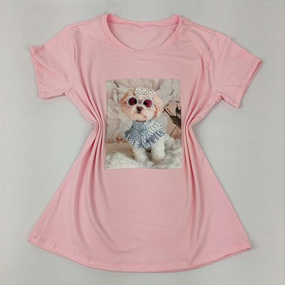 Camiseta Feminina T-Shirt Luxo Rosa Claro Bebê com Acessórios Estampa Cachorrinho Branco
