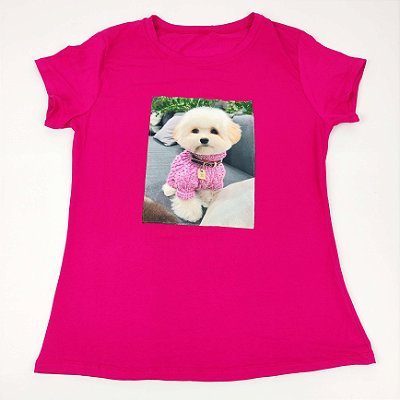 Camiseta Feminina T-Shirt Luxo Rosa Pink com Acessórios Estampa Cachorro Poodle
