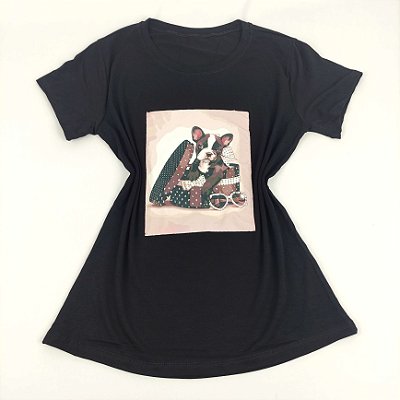 Camiseta Feminina T-Shirt Preta com Acessórios Cachorrinho na Caixa