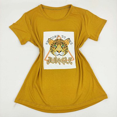 Camiseta Feminina T-Shirt Mostarda com Acessórios Estampa Onça Jungle