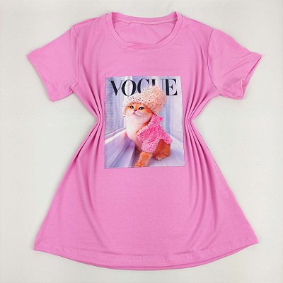 Camiseta Feminina T-Shirt Rosa Chiclete com Acessórios Estampa Gatinho Rosa