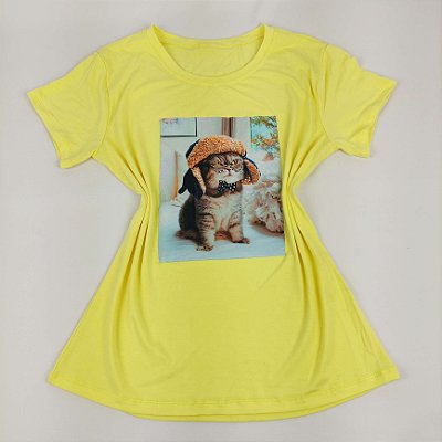 Camiseta Feminina T-Shirt Amarelo Bebê com Acessórios Estampa Gatinho Chapéu