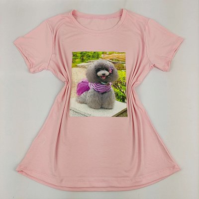 Camiseta Feminina T-Shirt Rosa Bebê com Acessórios Estampa Cachorro
