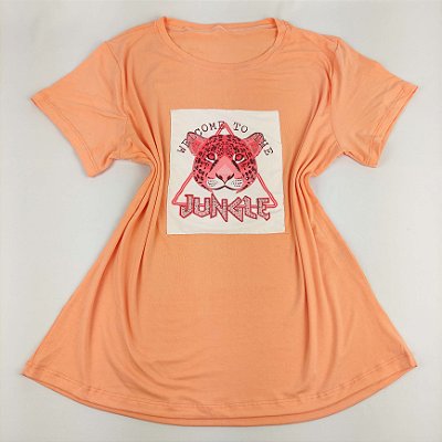 Camiseta Feminina T-Shirt Coral Laranja Claro com Strass Estampa Onça Jungle