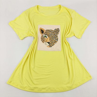 Camiseta Feminina T-Shirt Amarela Bebê com Strass Estampa Onça Coral