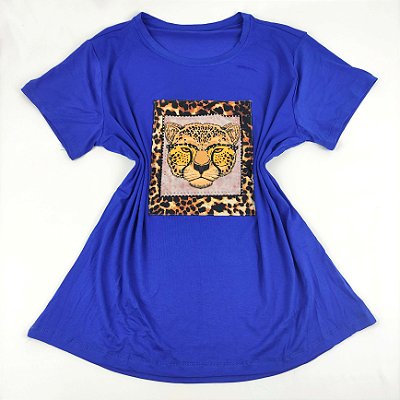 Camiseta Feminina T-Shirt Azul Royal com Strass Estampa Onça