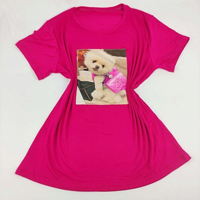 Camiseta Feminina T-Shirt Rosa Pink com Strass Estampa Cachorro Mochila
