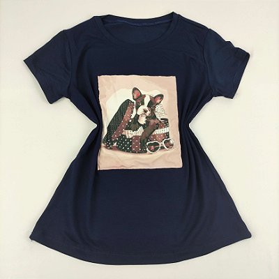 Camiseta Feminina T-Shirt Azul Marinho com Strass Estampa Cachorro na Caixa